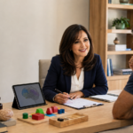 Psicóloga realizando avaliação neuropsicológica de um adulto em consultório, com materiais de investigação cognitiva.